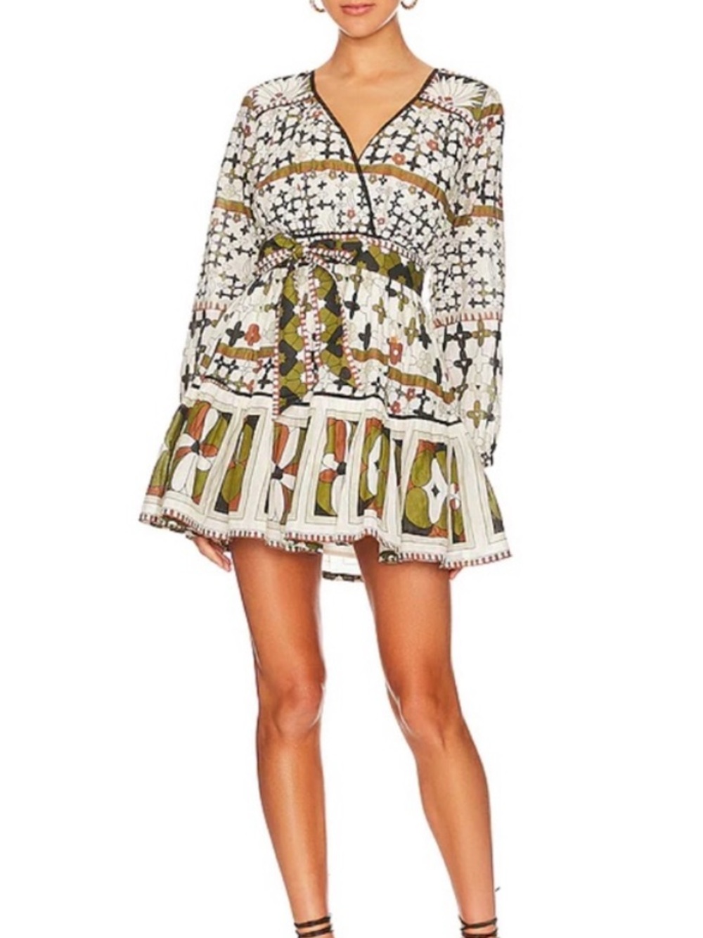 Cleobella Emory Art Deco Print Puff Sleeve Belted Mini 100% Cotton Dress Small